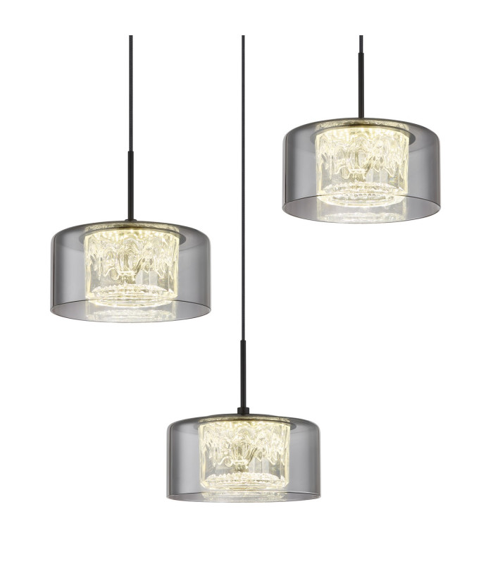 Fogsy Cluster Pendant Ceiling Light Matt Black Smoke Glass Shade 3x LED 4000K-3