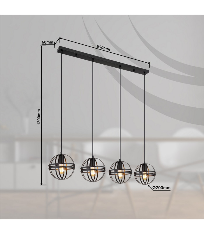 Tamara II Bar Pendant Ceiling Light Matt Black 4x E27-8