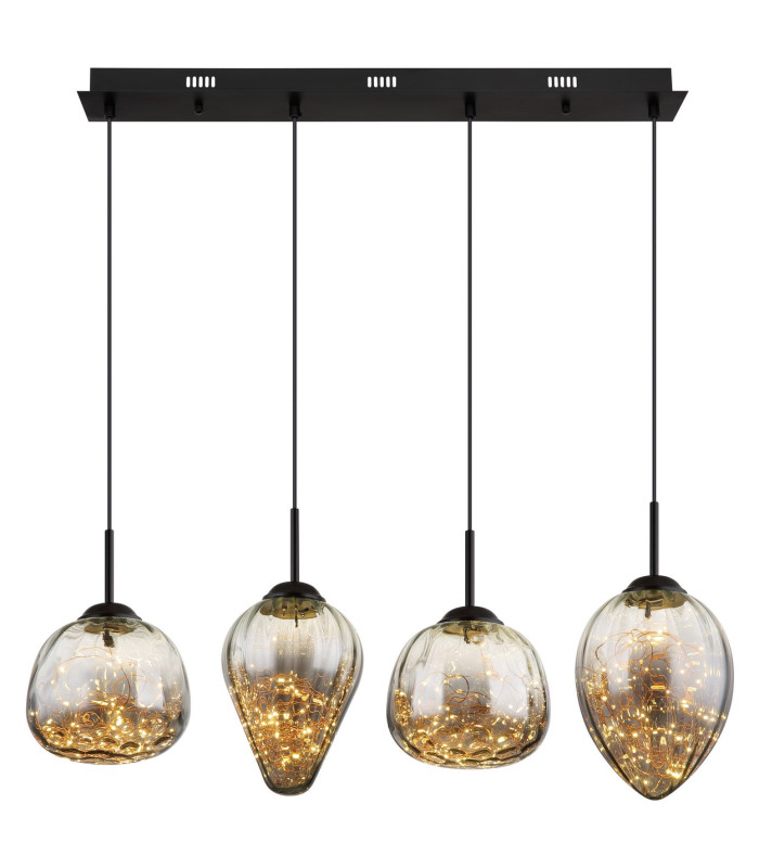 Firefly Bar Pendant Ceiling Light Matt Black Smoke Glass Shade 4x LED 3000K-3