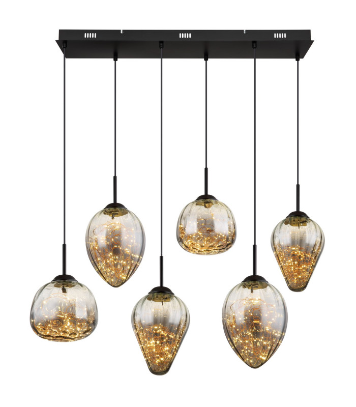 Firefly Cluster Pendant Ceiling Light Matt Black Smoke Glass Shade 6x LED 3000K-3