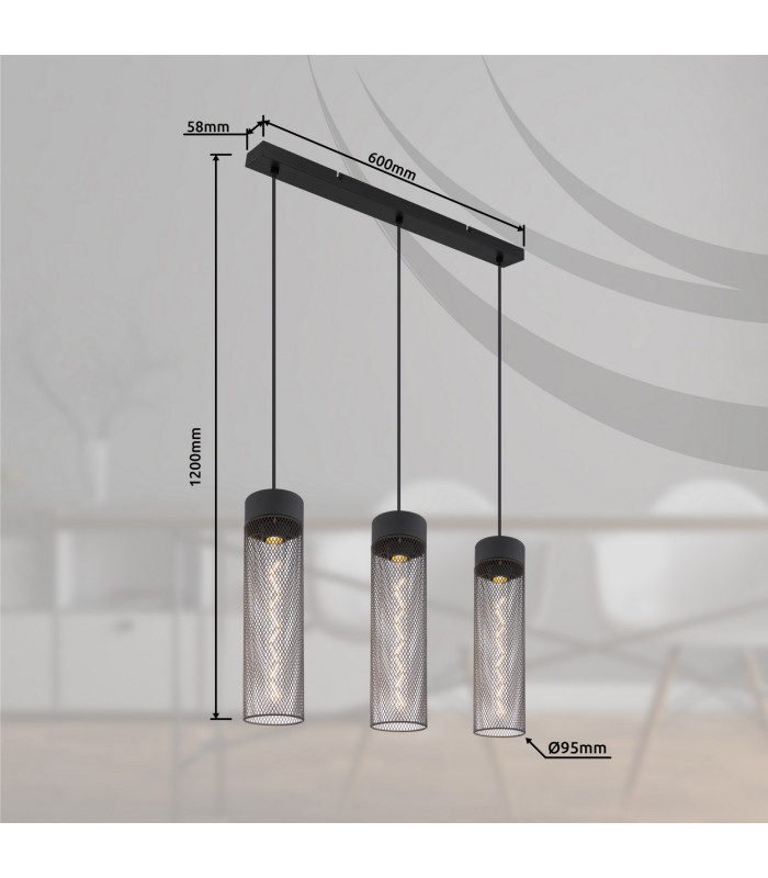 Hans Bar Pendant Ceiling Light Matt Black 3x E27-8