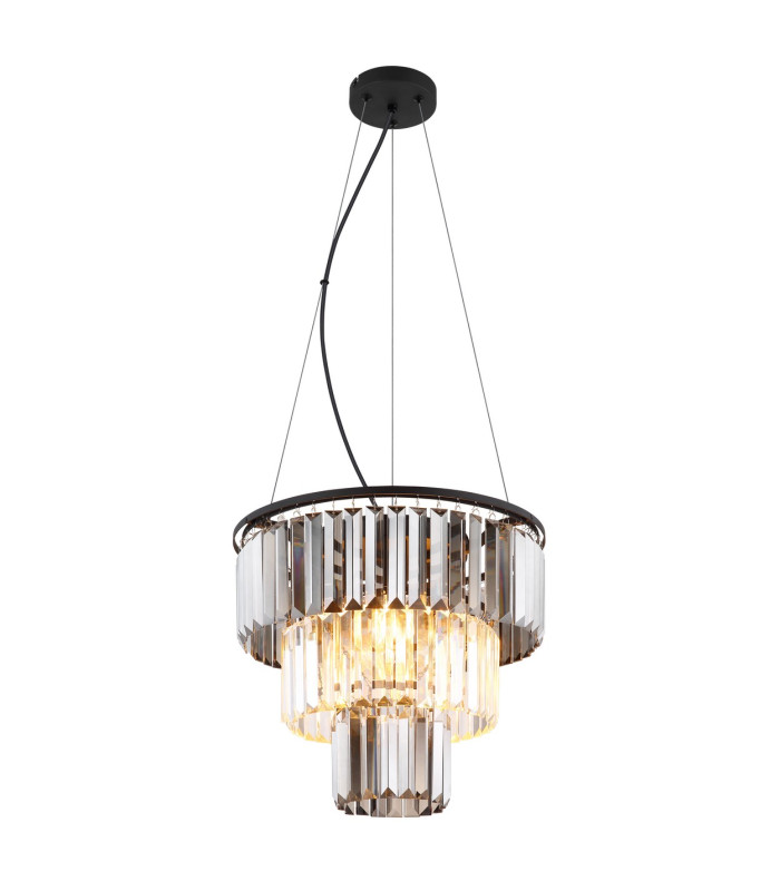 Naxis Pendant Ceiling Light Matt Black Crystals Smoke Glass Shade 3x E27-1