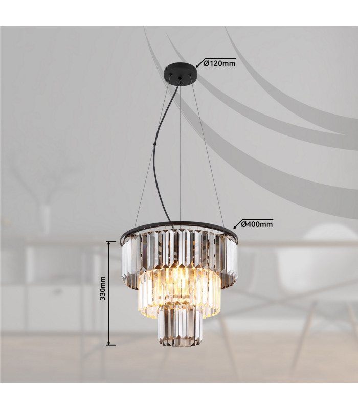 Naxis Pendant Ceiling Light Matt Black Crystals Smoke Glass Shade 3x E27-6