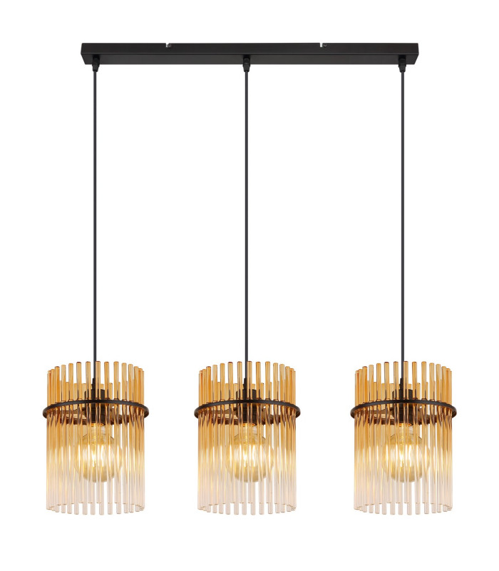 Gorley Bar Pendant Ceiling Light Matt Black Amber Glass Shade 3x E27-3