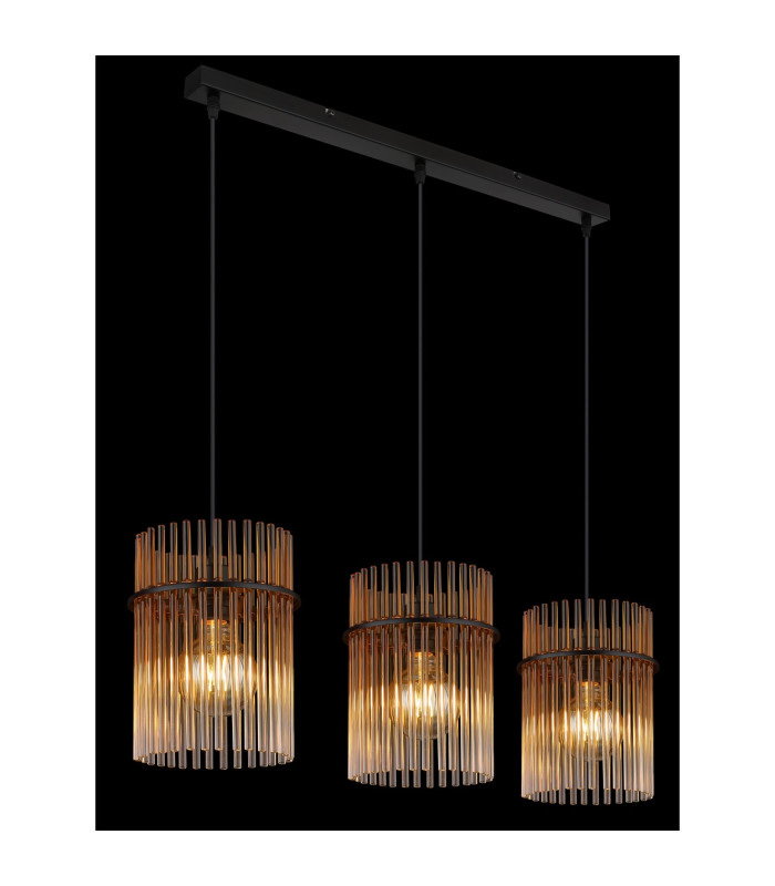 Gorley Bar Pendant Ceiling Light Matt Black Amber Glass Shade 3x E27-4