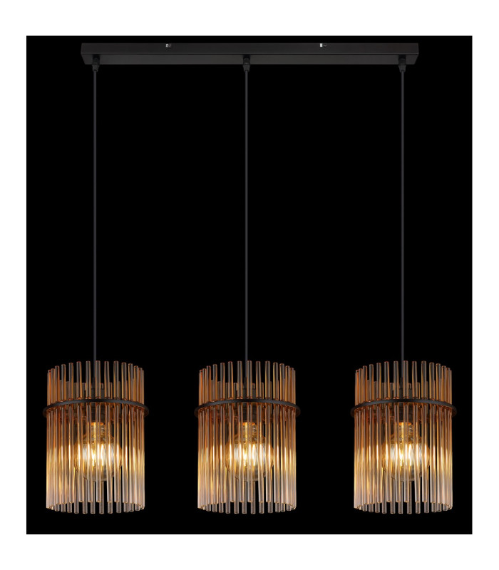 Gorley Bar Pendant Ceiling Light Matt Black Amber Glass Shade 3x E27-5