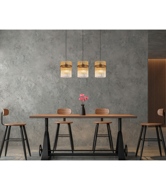 Gorley Bar Pendant Ceiling Light Matt Black Amber Glass Shade 3x E27-9
