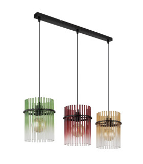 Gorley Bar Pendant Ceiling Light Matt Black Rods Multicolour Glass Shade 3x E27-2