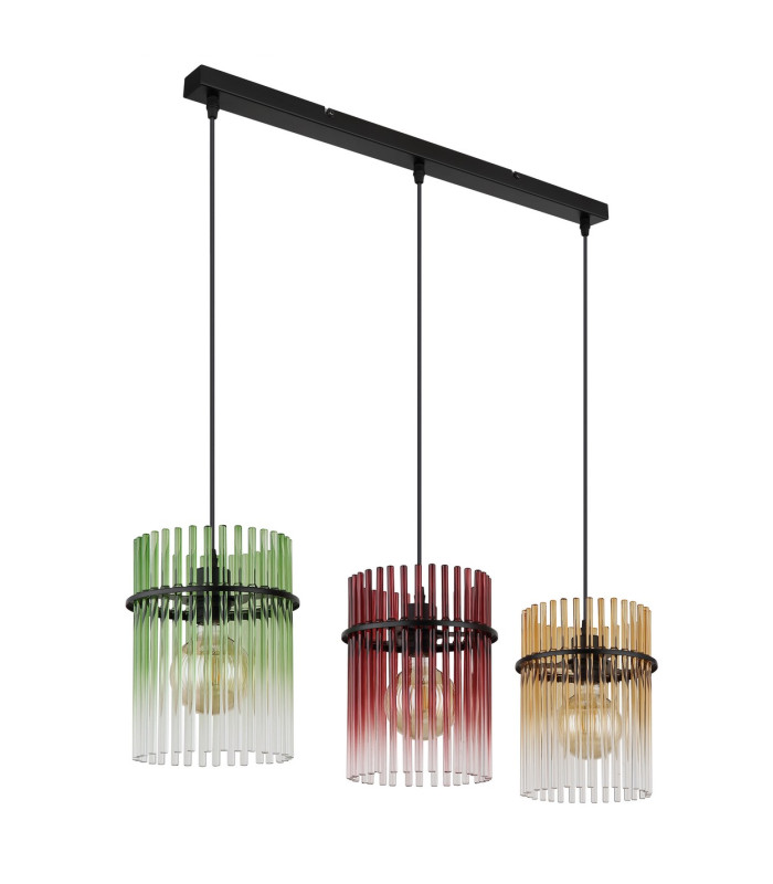 Gorley Bar Pendant Ceiling Light Matt Black Rods Multicolour Glass Shade 3x E27-2