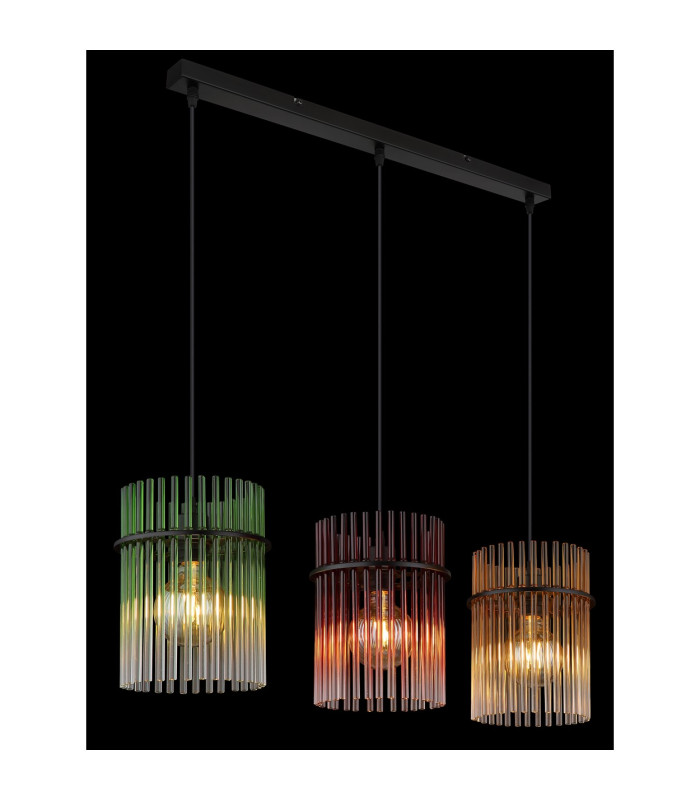 Gorley Bar Pendant Ceiling Light Matt Black Rods Multicolour Glass Shade 3x E27-4