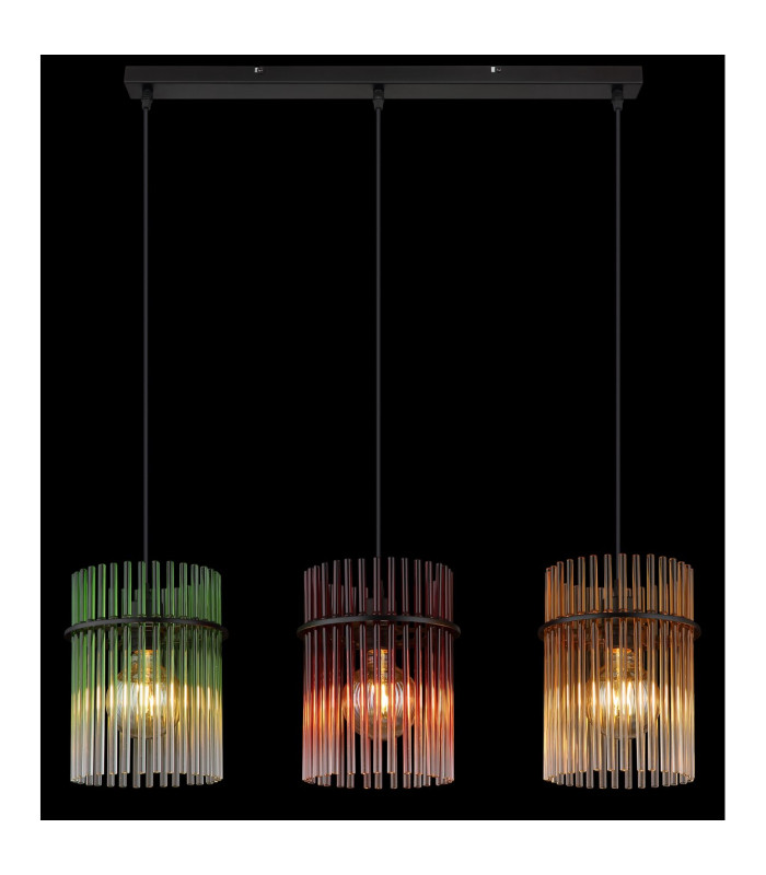 Gorley Bar Pendant Ceiling Light Matt Black Rods Multicolour Glass Shade 3x E27-5