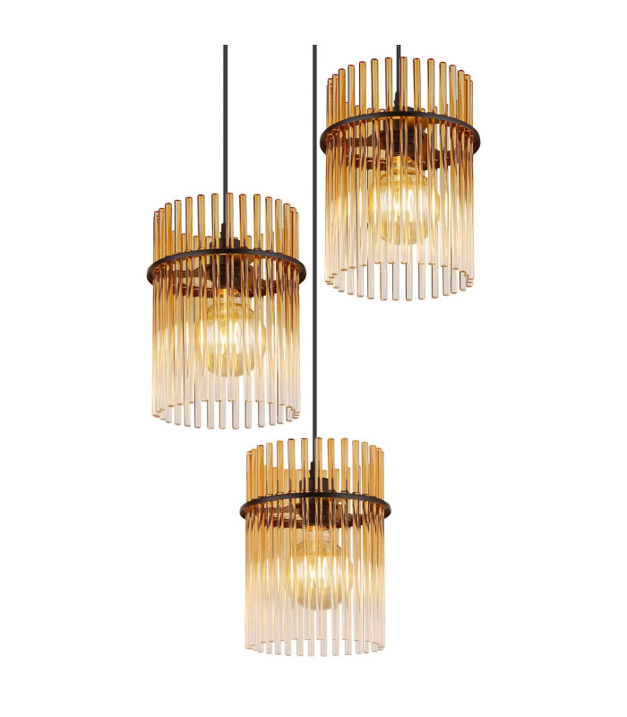 Gorley Cluster Pendant Ceiling Light Matt Black Amber Glass Shade 3x E27-3