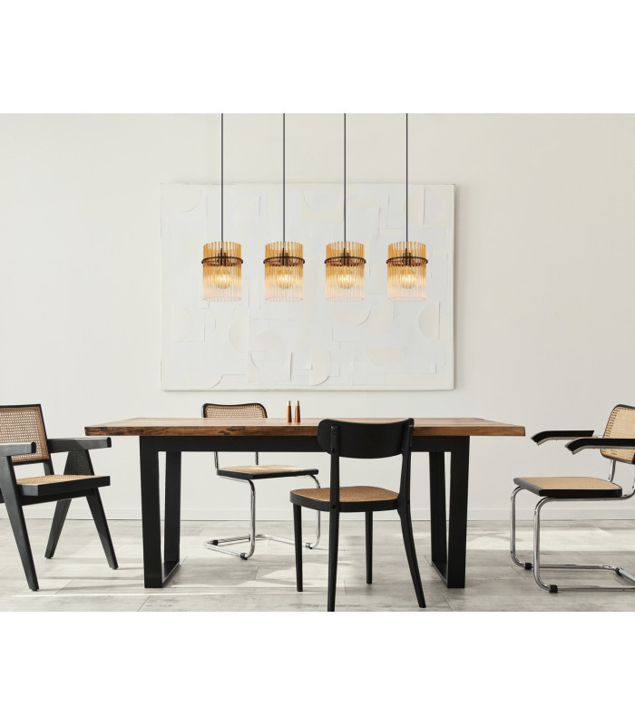 Gorley Bar Pendant Ceiling Light Matt Black Amber Glass Shade 4x E27-9