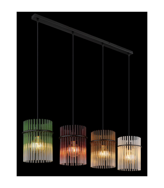 Gorley Bar Pendant Ceiling Light Matt Black Rods Multicolour Glass Shade 4x E27-4