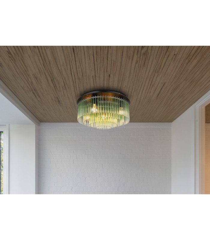 Gorley Ceiling Light Matt Black Green Glass Shade 5x E27-7