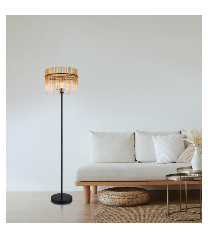 Gorley Glass Floor Lamp Matt Black Amber Glass Shade 1x E27-11