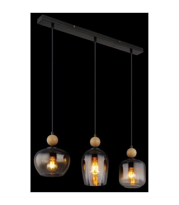Commy Bar Pendant Ceiling Light Matt Black Smoke Glass Shade 3x E27-5