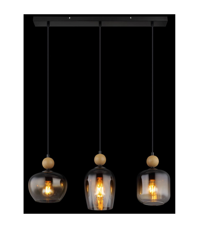Commy Bar Pendant Ceiling Light Matt Black Smoke Glass Shade 3x E27-6