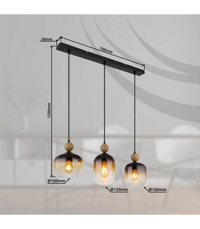 Commy Bar Pendant Ceiling Light Matt Black Smoke Glass Shade 3x E27-11