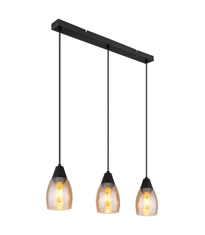 Reid Bar Pendant Ceiling Light Matt Black Amber Glass Shade 3x E27-1