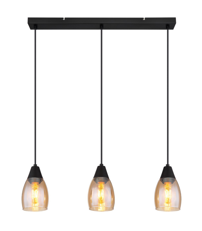 Reid Bar Pendant Ceiling Light Matt Black Amber Glass Shade 3x E27-3