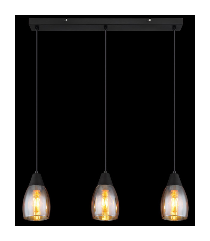 Reid Bar Pendant Ceiling Light Matt Black Amber Glass Shade 3x E27-6