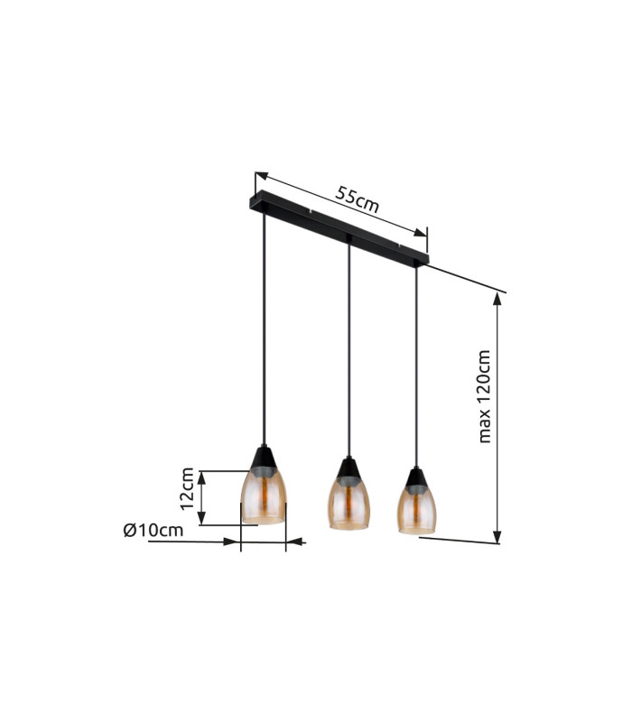 Reid Bar Pendant Ceiling Light Matt Black Amber Glass Shade 3x E27-8