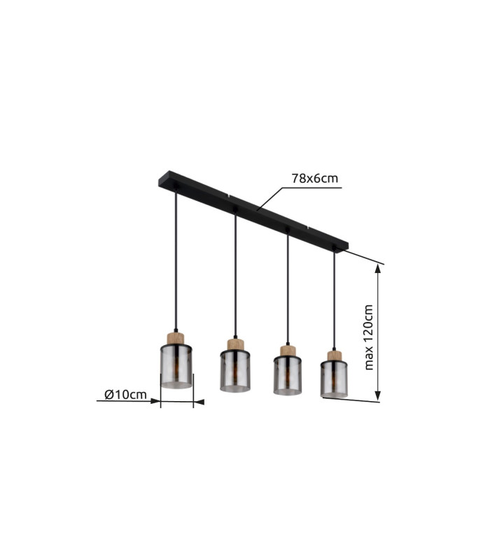 Reid Bar Pendant Ceiling Light Matt Black Smoke Glass Shade 4x E27-6