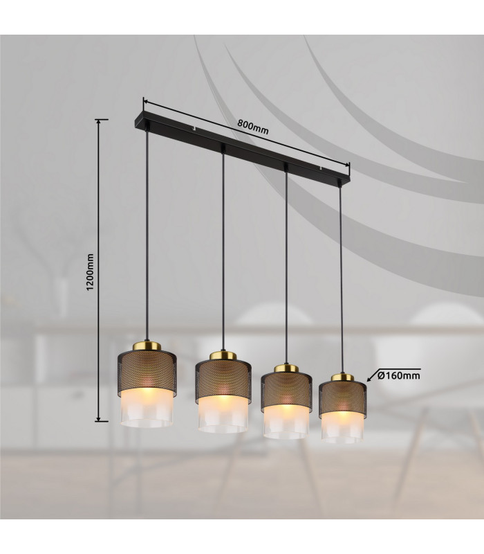 Olga Bar Pendant Ceiling Light Matt Black Satined Glass Shade 4x E27-8