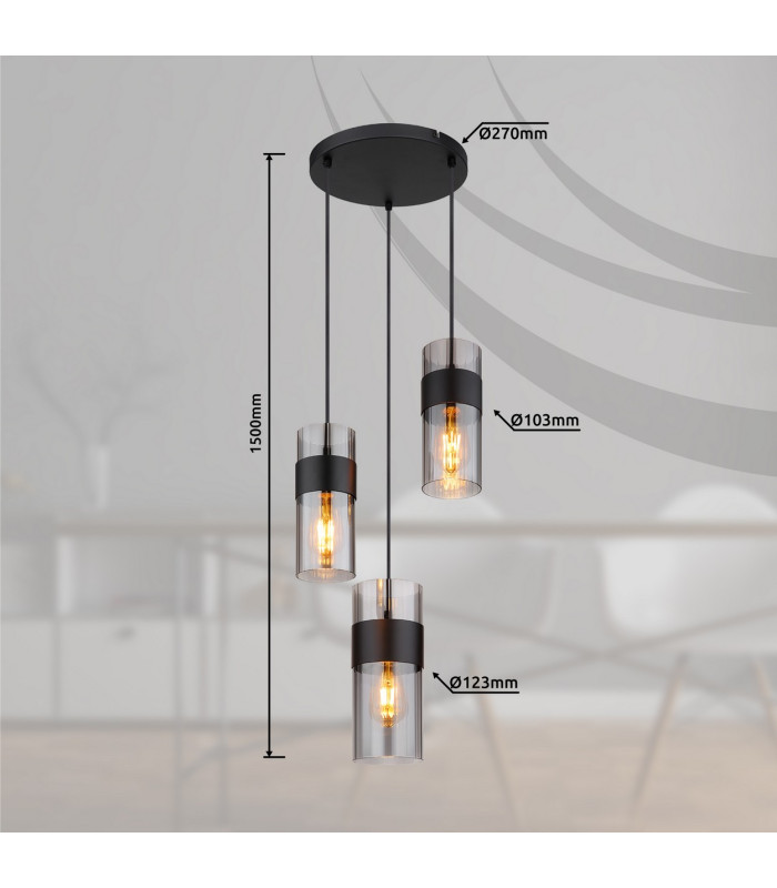 Scarfina Cluster Pendant Ceiling Light Matt Black Smoke Glass Shade 3x E27-7