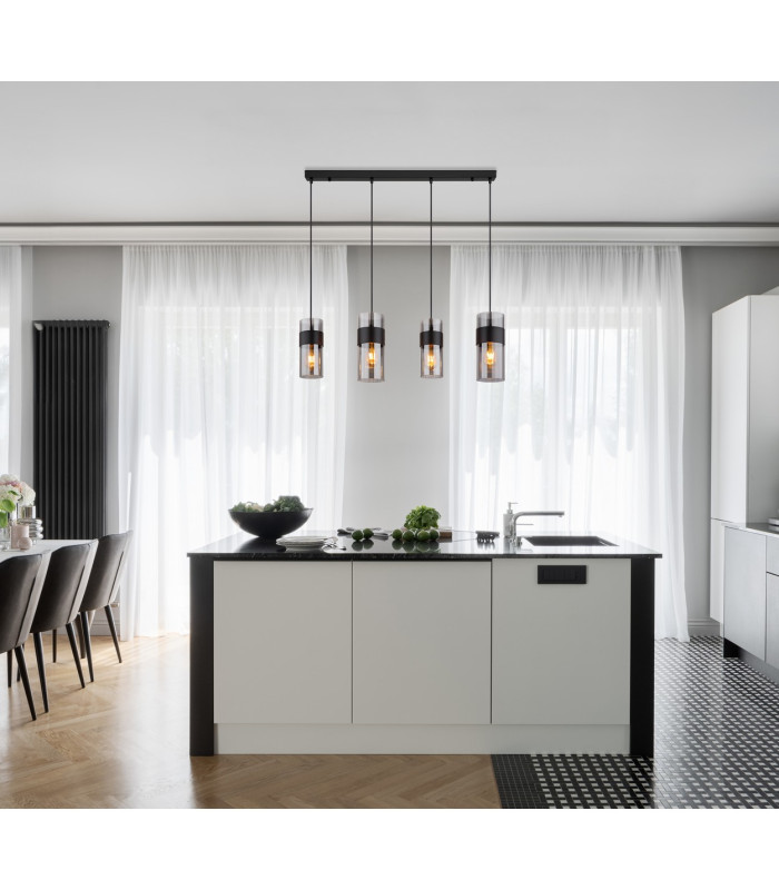 Scarfina Bar Pendant Ceiling Light Matt Black Smoke Glass Shade 4x E27-5
