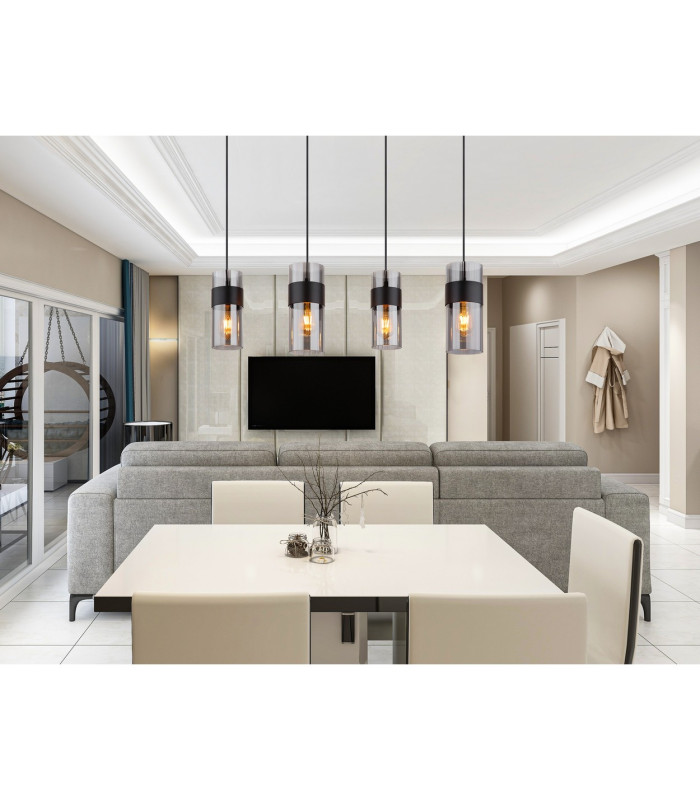 Scarfina Bar Pendant Ceiling Light Matt Black Smoke Glass Shade 4x E27-6