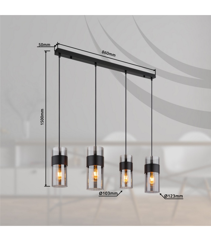 Scarfina Bar Pendant Ceiling Light Matt Black Smoke Glass Shade 4x E27-8
