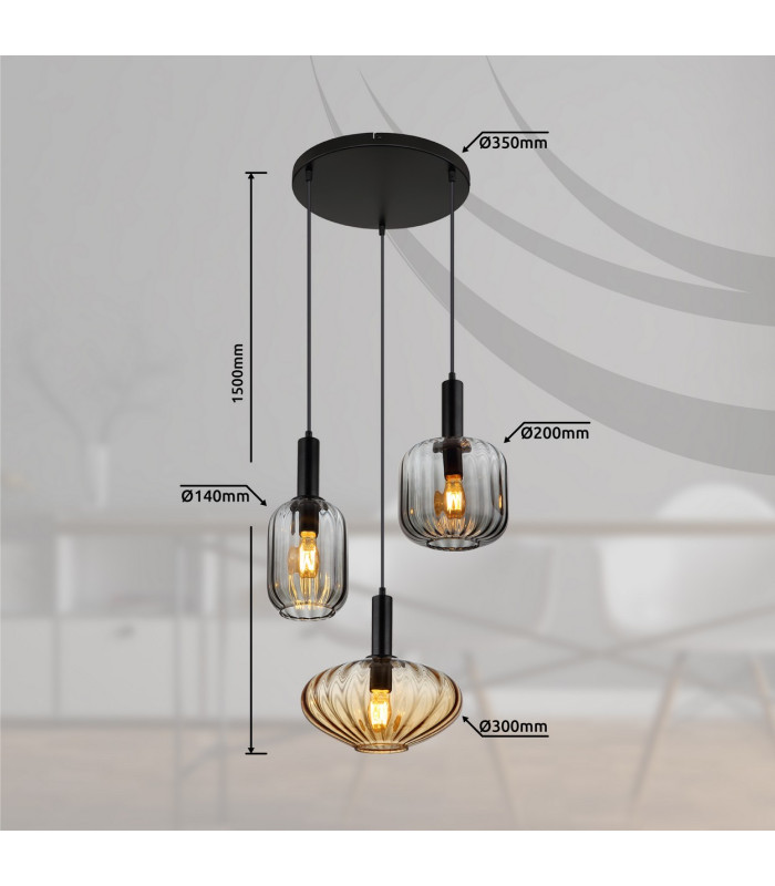 Valletta Cluster Pendant Ceiling Light Matt Black Glass Shade 3x E27-9