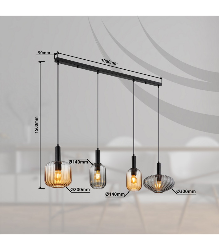 Valletta Bar Pendant Ceiling Light Matt Black Glass Shade 4x E27-7