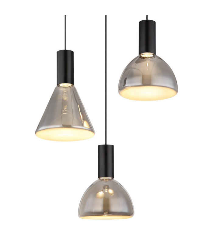 Labora Cluster Pendant Ceiling Light Matt Black Smoke Glass Shade 3x LED 3000K-3