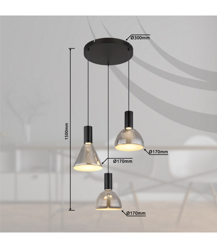 Labora Cluster Pendant Ceiling Light Matt Black Smoke Glass Shade 3x LED 3000K-6