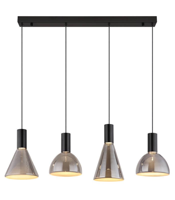 Labora Bar Pendant Ceiling Light Matt Black Smoke Glass Shade 4x LED 3000K-3