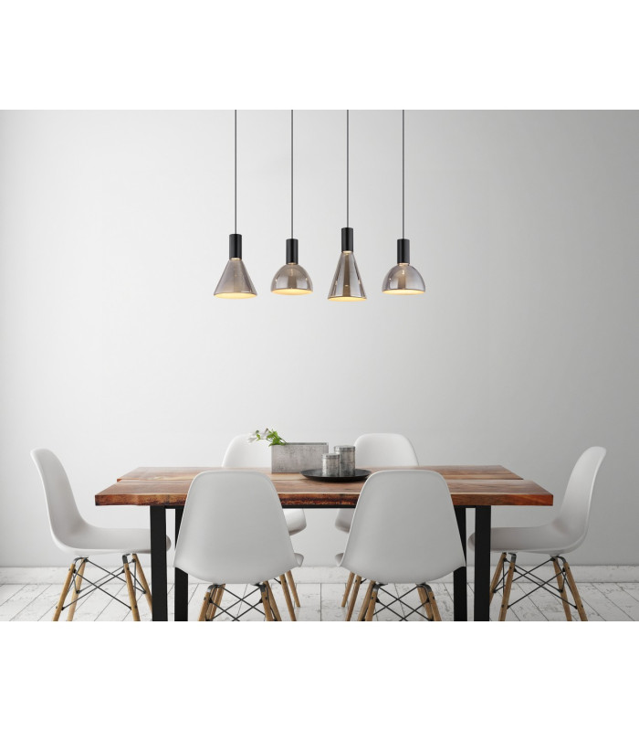 Labora Bar Pendant Ceiling Light Matt Black Smoke Glass Shade 4x LED 3000K-5