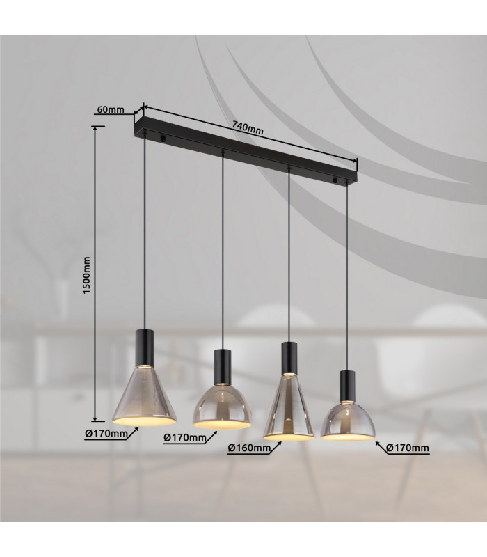 Labora Bar Pendant Ceiling Light Matt Black Smoke Glass Shade 4x LED 3000K-7