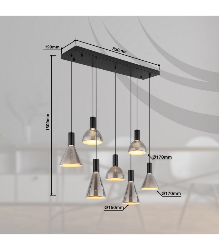 Labora Cluster Pendant Ceiling Light Matt Black Smoke Glass Shade 7x LED 3000K-7