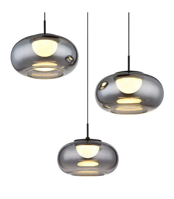 Quintara Cluster Pendant Ceiling Light Matt Black Smoke Glass Shade 3x LED 3000K-3