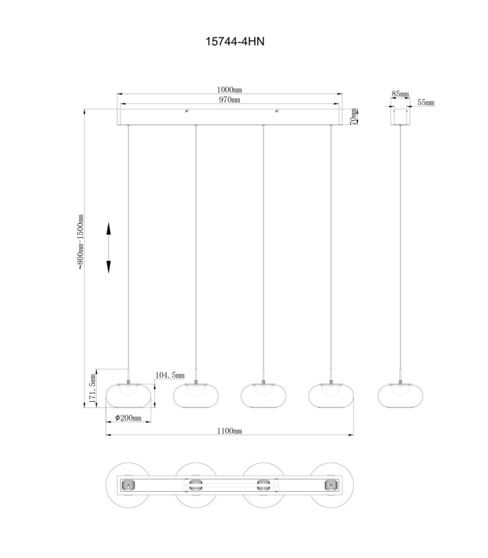 Quintara Bar Pendant Ceiling Light Nickel Matt Opal Glass Shade 4x LED 3000K-8