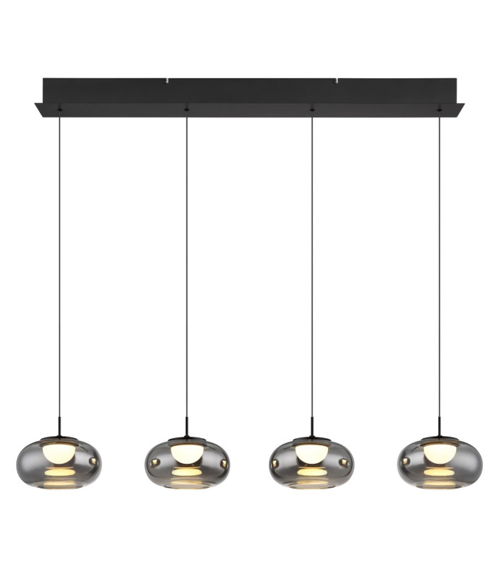 Quintara Bar Pendant Ceiling Light Matt Black Smoke Glass Shade 4x LED 3000K-3