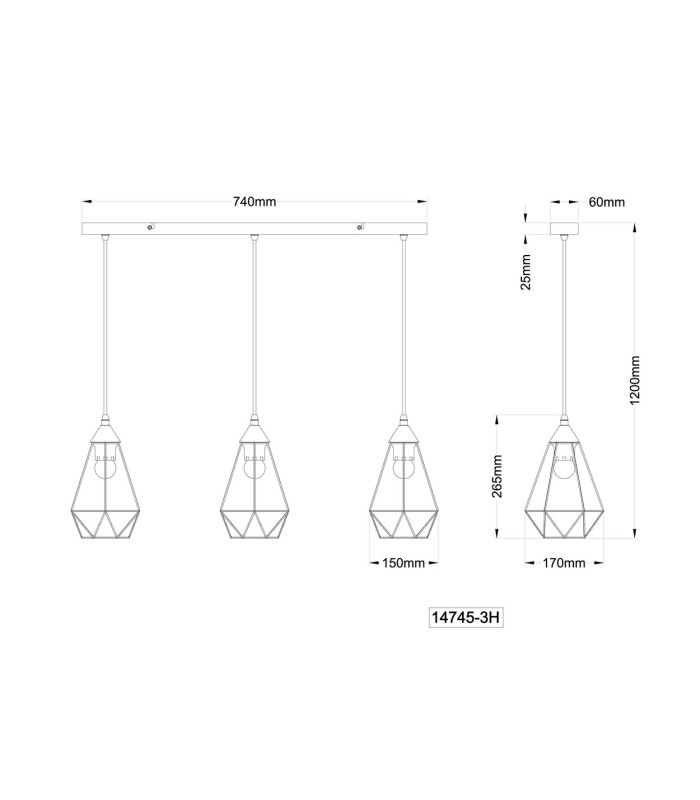 Zachary Bar Pendant Ceiling Light Matt Black 3x E27-8