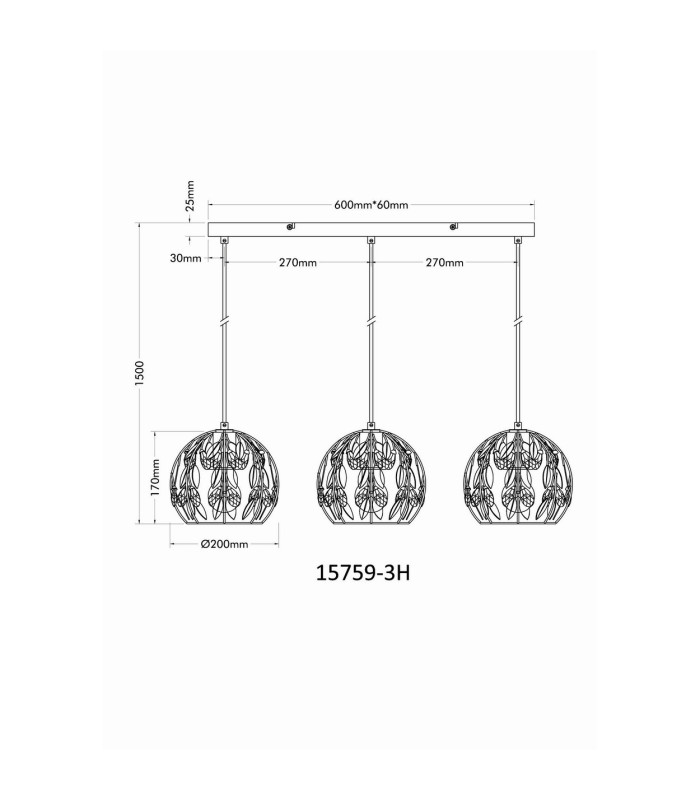 Mika Bar Pendant Ceiling Light Matt Black 3x E27-8