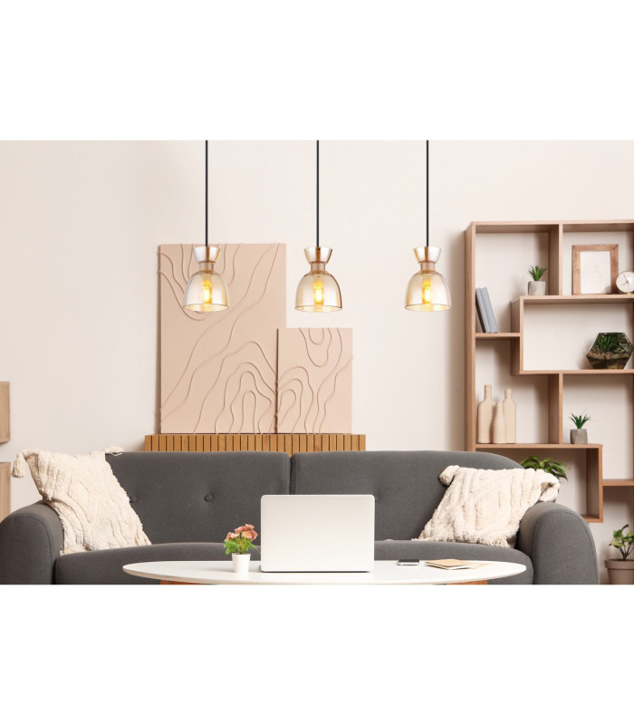 Massey Bar Pendant Ceiling Light Coffee Colored Matt Amber Glass Shade 3x E14-8