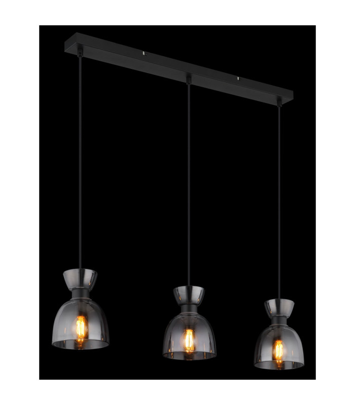 Massey Bar Pendant Ceiling Light Matt Black Smoke Glass Shade 3x E14-5