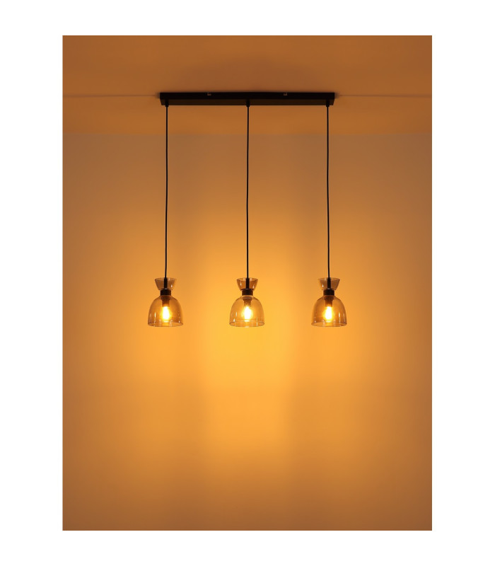 Massey Bar Pendant Ceiling Light Matt Black Smoke Glass Shade 3x E14-7