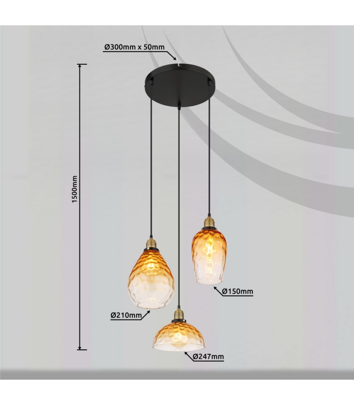 Salvy Cluster Pendant Ceiling Light Matt Black Amber Glass Shade 3x E27-6